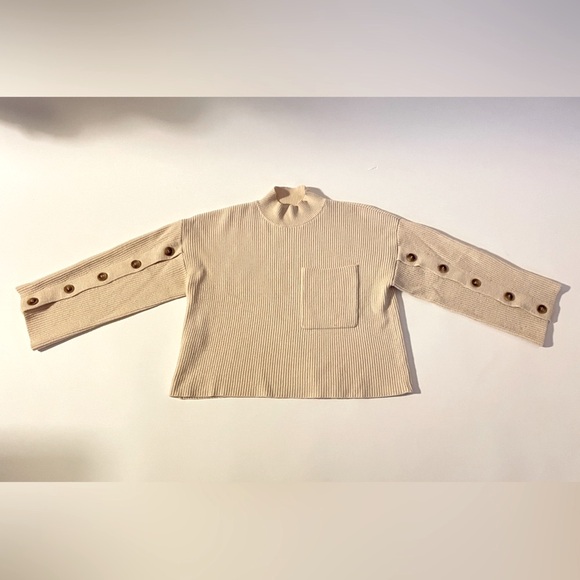 MANGO // cream ivory button detail mockneck sweater rib knit pocket - Picture 3 of 15